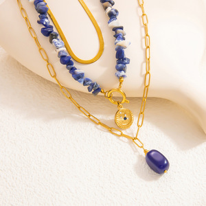 Collier superposé tendance en pierre naturelle, plaqué or 18 carats, acier inoxydable, ras-de-cou multi-brins avec pendentif, chaîne de clavicule, automne-hiver - Product Image 3