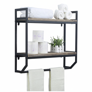 Étagères de rangement murales en métal et bambou pour salle de bain Organisateur de salle de bain en bambou Porte-serviettes - Product Image 1