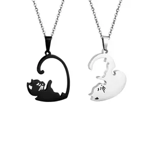 最佳礼品不锈钢可爱动物情侣项链领子哑光黑白色猫咪优雅项链