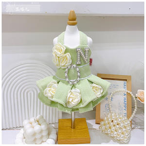 Vestido de Lujo para Perro Pequeño, Falda de Lana Estilo Princesa, Diseño de Rosas, Anillo de Perlas, Color Verde Matcha, Otoño Invierno - Product Image 6