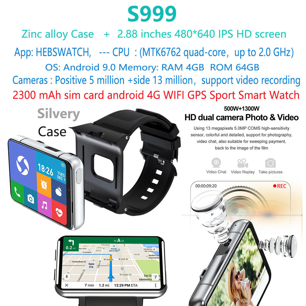 Reloj inteligente 4G Android plateado S999 - 4GB+64GB