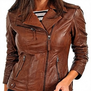 Women's Genuine Leather Motorcycle Jacket Brown Stand Collar <b>Zipper</b> Closure Full Sleeve Biker Style Autumn Wear - Product Image 1