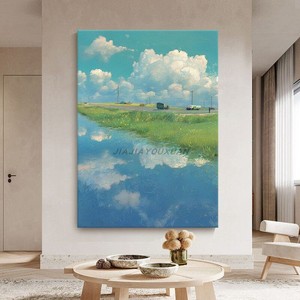 Peinture à l'huile peinte à la main style Miyazaki Hayao, ciel bleu, nuages blancs, 120x180cm, art décoratif pour salon, décoration murale - Product Image 4