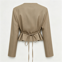 Veste Courte Femme Personnalisée OEM à Col Rond avec Boutons Métalliques et Nœud à la Taille, Manches Longues, Idéale pour le Quotidien