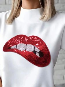 Verano Casual cuello alto manga corta algodón <span class=keywords><strong>camiseta</strong></span> personalizada alta calidad brillante lentejuelas <span class=keywords><strong>boca</strong></span> <span class=keywords><strong>camiseta</strong></span> para <span class=keywords><strong>mujer</strong></span> - Product Image 6