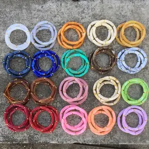 Casual Sporty Round Big Stretched Bracelet Mixed Color Acrylic Small Gold Oval Septa Bright Bamboo Tube Beads Bracelets Bangles