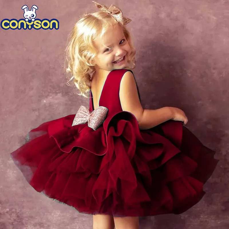 Conyson Top Sale Ball Gown Princess Dress Infant Formal Birthday Baptism Party Kids Flower Girl Tutu Dresses With Big Bow