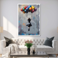 Toile Banksy Ballon Fille aux Ballons Colorés, Art Mural Moderne et Émouvant, Art de Rue Vibrant, Cadre en Bois Tendu