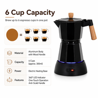 Cafetière électrique Moka 6 tasses avec base chauffante, poignée en bois à toucher froid et indicateur LED