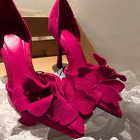 Escarpins Printemps Sexy « French Touch » à Talons Fins Décorés de Fleurs Rouge Rose pour Femme