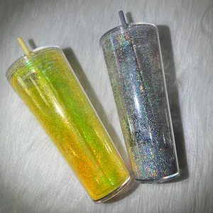 Color Double Wall Glow Dome Shaker Water Cups Plastic Glitter Tumbler Mugs With Straws For Drinks