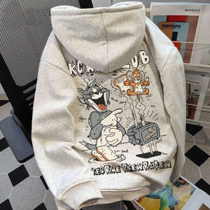 100% Cotton Fabric <strong>Tom</strong> <strong>Jerry</strong> Cute Cartoon Printed Hooded Sweatshirt for Men with Fleece Thickened Loose Autumn Winter - Product Image 2