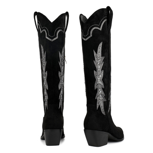 <span class=keywords><strong>Stivali</strong></span> da Cowboy <span class=keywords><strong>Neri</strong></span> in <span class=keywords><strong>Camoscio</strong></span> da Donna WETKISS con Tacco Basso, Cuciture Western, Strass e Gambale Largo al Ginocchio - Vendita all'Ingrosso - Product Image 6