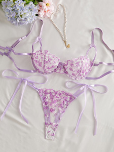 Wholesale Purple Floral Embroidery Women's Lingerie <b>Set</b> <b>Sexy</b> Sheer Lace Underwire Bra and Tie Side Thong with Bow Details - Product Image 1