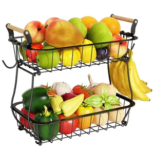 Multifunction Large Capacity 2-Tier Fruit Vegetable Basket Storage Iron Holder Bamboo Handle With 2 Banana Hangers
