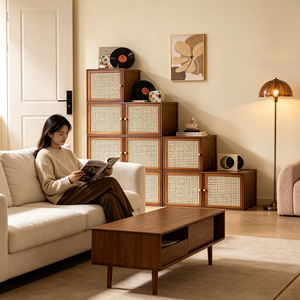 Modular Solid Wood Storage <b>Cabinet</b> Living Room Combination <b>Cabinet</b> With Rattan Door Design For <b>Small</b> Apartment Furniture - Product Image 1