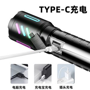 ไฟฉายเลเซอร์สีขาวแบบซูมได้ ชาร์จไฟได้ ชนิด Type C ไฟฉาย LED สำหรับกรณีฉุกเฉิน พร้อมโหมดแฟลช ผิวขัดเงา - Product Image 4