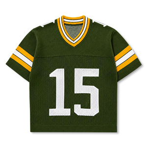Fabricant de pulls, LOGO personnalisé, pull d'été pour <span class=keywords><strong>homme</strong></span>, pull à col en V à manches courtes en jacquard à lettres, maillot de football en tricot pour <span class=keywords><strong>homme</strong></span> - Product Image 1