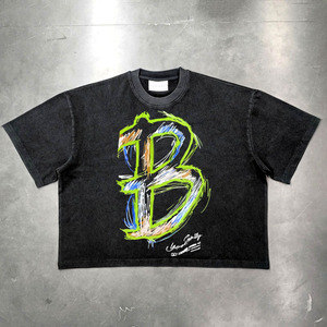 Vente en gros 100% coton T-shirts pour hommes avec logo personnalisé Streetwear Hip Hop vêtements urbains 300gsm imprimé de tissu tricoté lavé lourd - Product Image 1