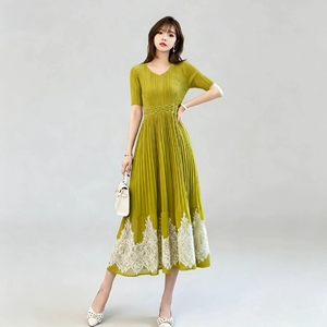 Consegna Rapida, Vendita all'Ingrosso: Abito Plissettato Vintage Nero in Pizzo per Donna, Vestito Estivo Patchwork Ampio a Linea A, Abito Plissettato Stile Miyake - Product Image 3