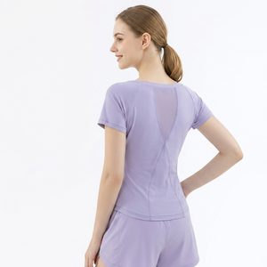 Wholesale Women's Mesh <b>Back</b> Short Sleeve Yoga T Shirt Slim Fit Quick Dry Athletic <b>Top</b> Breathable Running Pilates Workout Tee - Product Image 1