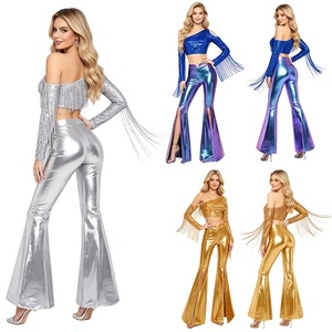 Plus Size Women Disco Costume Sequin Fringe Crop Top Bell Bottom Pants <strong>70s</strong> <strong>Outfit</strong> for Party Dance Stage Performance Custom - Product Image 1