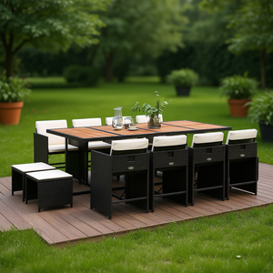 Set da Pranzo per Esterni in Polyrattan 12 Pezzi con Piano in Teak, Arredamento da Giardino Stile Contemporaneo - Product Image 2