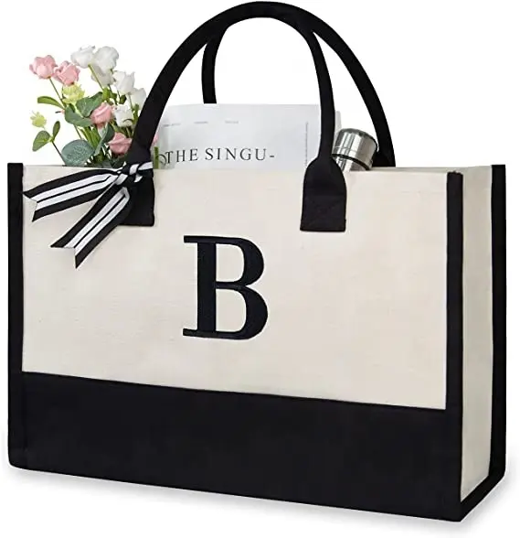 Bolsa de lona inicial personalizada para mulheres, bolsa de praia de algodão monografado para presente
