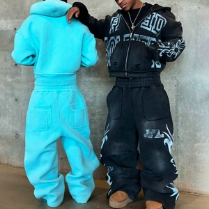 Ensemble de survêtement personnalisé de haute qualité pour homme, comprenant un sweat à capuche zippé et un pantalon de jogging, coupe oversize, en tissu épais, effet délavé soleil - Product Image 1