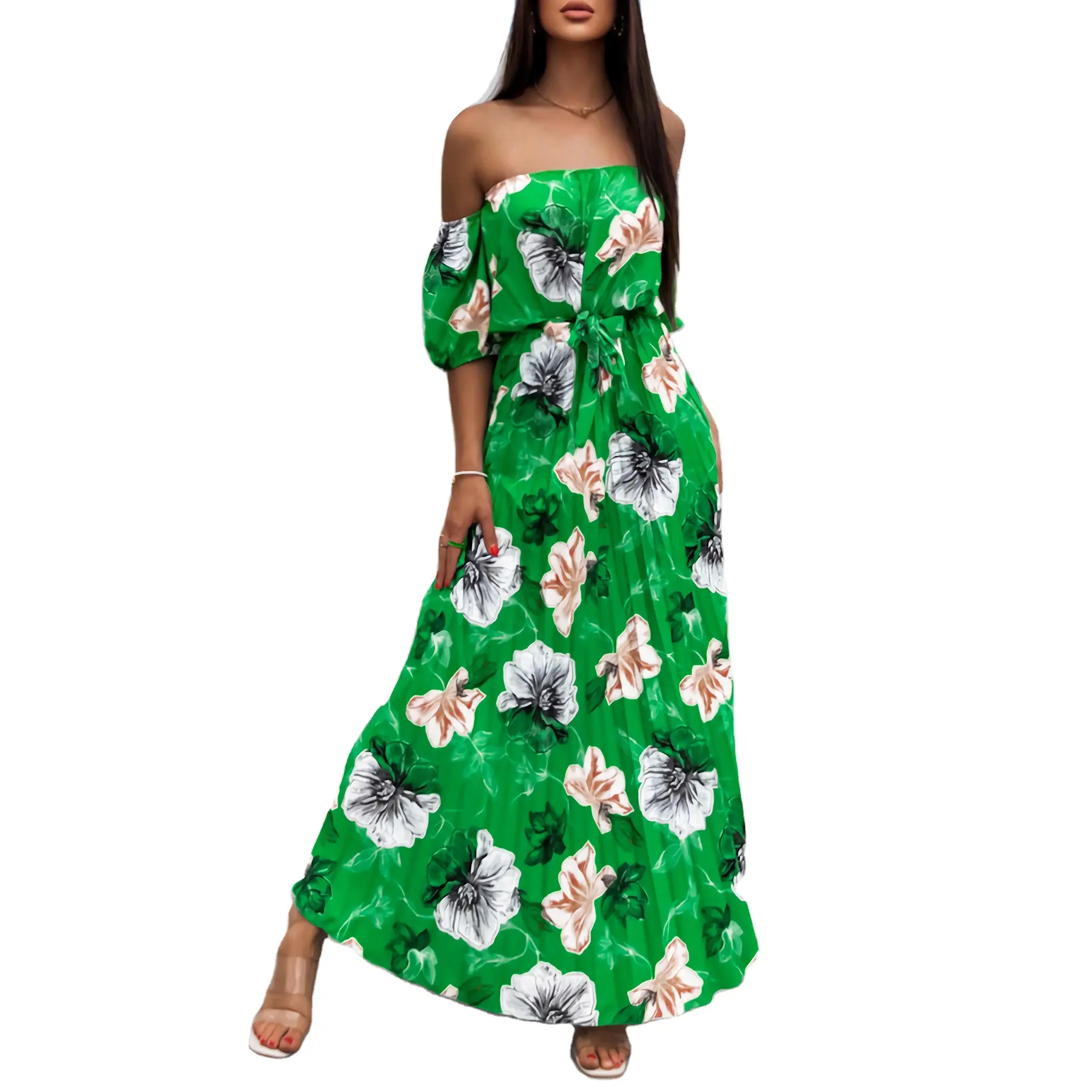 Streetwear kapalı omuz çiçek baskı uzun yensiz kadınlar yaz kızlar için 2024 çiçek elbiseler