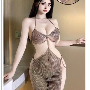 Golden Shuttle Woven Lingerie Metallic Color See Through Hollow <b>Fishnet</b> Halter Three Piece Set Women <b>Sexy</b> Costume - Product Image 1