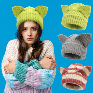 Beanie Little Devil Striped Knitted Hat Mujer Otoño Invierno Cálido Knit Cute Cat Ears Cap Crochet Ski Outdoor Ear Cover Beanies - Product Image 2