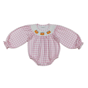 Haute qualité smocké broderie automne citrouille rose à carreaux à manches longues bébé filles barboteuse Boutique en gros Offre Spéciale RTS - Product Image 1