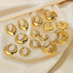 Anting-anting lingkaran geometris Oval persegi berongga baja tahan karat berlapis emas 18K klasik Minimal untuk wanita perhiasan bagus