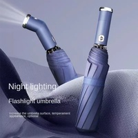 D5858 Parapluie pliant automatique 3 sections avec lumière LED nocturne personnalisée, coupe-vent, protection solaire et lampe torche puissante