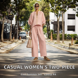 Conjunto de Dos Piezas Casual para Mujer, Color Sólido, Manga Corta, Cuello Redondo con Cierre, Blusa Holgada, Pantalones Anchos, Transpirable, para Uso Diario en Verano - Product Image 2