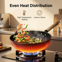 Wok en acier au carbone 20 cm antiadhésif avec manche en bois pour cuisinière à gaz et à induction, idéal pour la cuisson à la wok à la maison