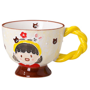 Taza de Desayuno de Cerámica con Doble Relieve Pintado a Mano, Gran Capacidad, Diseño de Niña de Dibujos Animados, para Navidad, Avena, Agua, Leche, Café - Product Image 5
