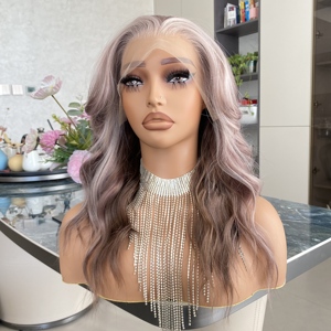 Perruques synthétiques résistantes à la chaleur, transparentes, brun cendré, avec dentelle frontale, ondulées, sans colle, prix d'usine en gros - Product Image 5