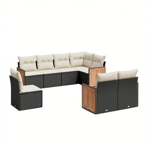 Conjunto de sofá de jardín de ratán blanco crema y negro, 6 plazas, muebles de exterior resistentes a la intemperie, diseño contemporáneo, estructura de madera de teca - Product Image 1