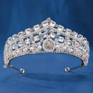 Thời trang ngọc trai cô dâu công chúa tiaras Baroque Cuộc Thi vương miện Vuông Pha Lê đầu phụ kiện