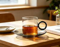 Ensemble tasse et soucoupe en verre borosilicate gris fumé, résistant à la chaleur, design classique, 120 ml, passe au lave-vaisselle, pour les fêtes