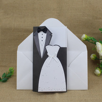 Invitations de mariage découpées au laser, noir et blanc, avec motif de mariée et de marié en smoking, cartes d'invitation avec enveloppe, fournitures pour fête de mariage