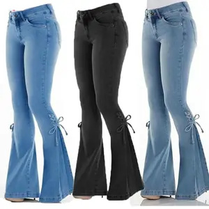 Wholesale Fashion Middle Waist Solid Color Tied Flared Trouser Lace Up Bell Bottom Wide Leg Jeans For Women