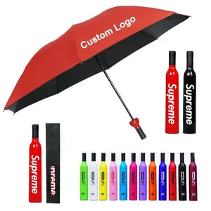 2023 Promotion Gift Cheap Wine Bottle Umbrellas 3 Folding Portable Pocket Bottle Shape Base Umbrella With Logo Prints Customized