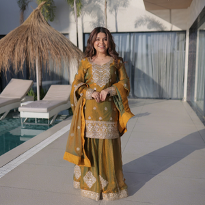 Traje de Chifón Mehendi Listo para Usar con Espejos Reales y Bordados - Product Image 1