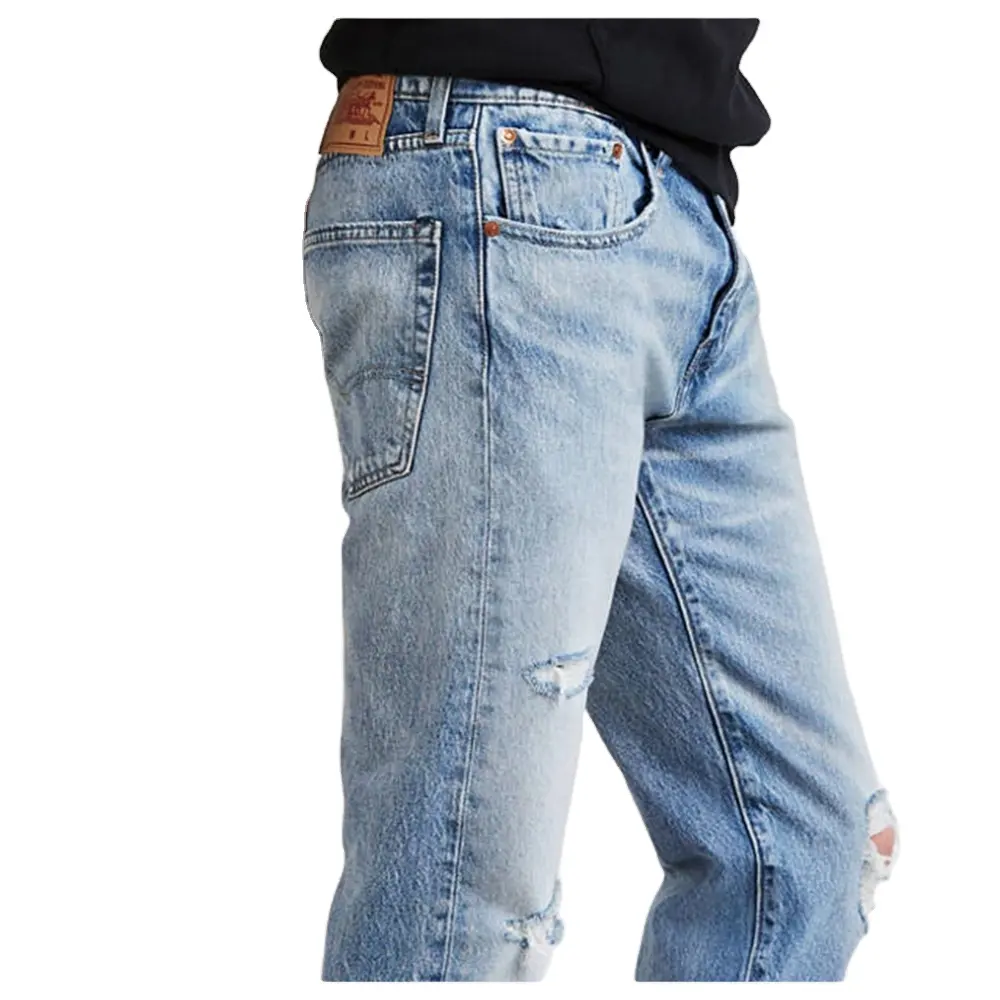 Прямая Заводская цена, синяя джинсовая ткань, мужские потертые джинсы с принтом на заказ, рваные джинсы с отверстием для колена из бангладеш