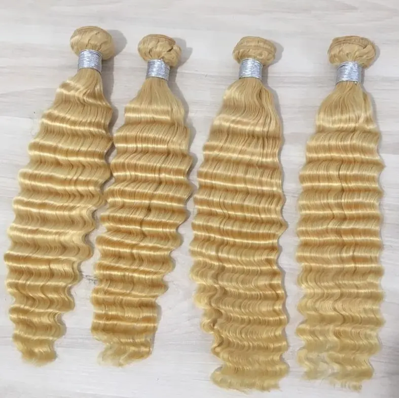 Extensiones de cabello rubio 613 ondulado/rizado, calidad superior, venta al por mayor, cabello 100% humano brasileño, cutícula alineada, trama de cabello 613