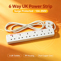 Stop Kontak Ekstensi 6 Lubang UK dengan Proteksi Lonjakan Arus 13A 250V, Cangkang PP, Kawat Tembaga, IEC CEE, Berbagai Panjang Kabel untuk Rumah