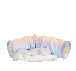 2-in-1 Cat Play Tunnel Bed Foldable Crinkle Rainbow Removable Mat or Pet Cats Kittens Puppies Rabbits Bunnies Ferrets